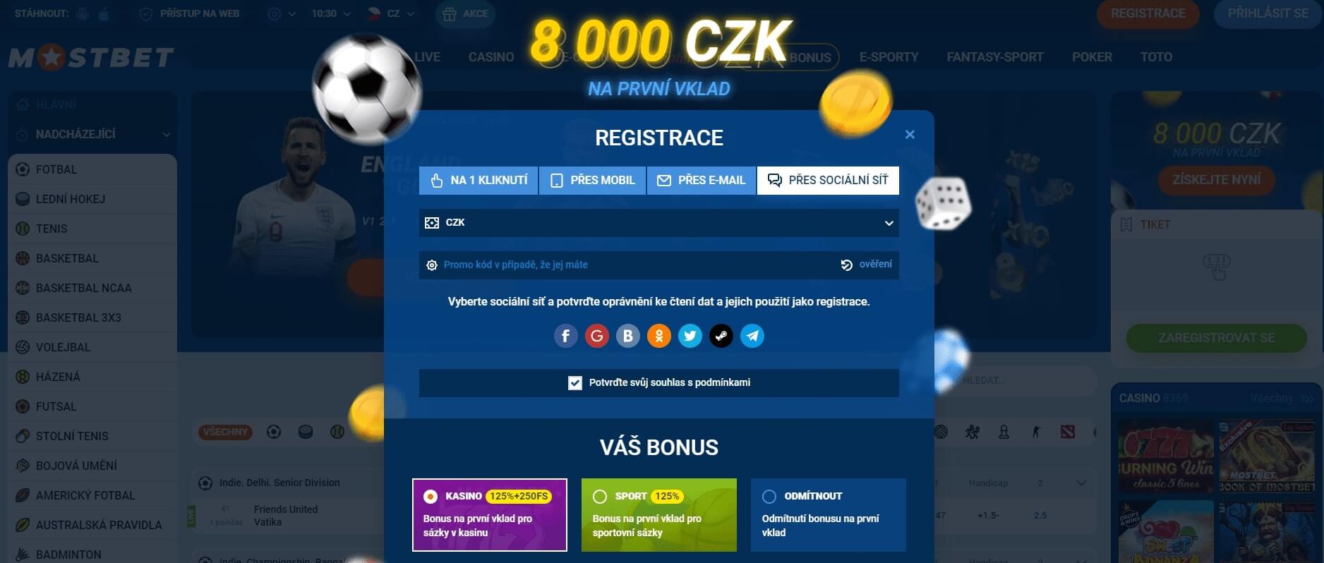 Registrace Mostbet přes sociální síť